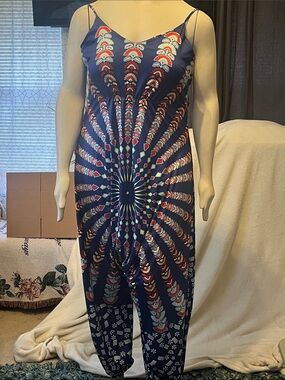 Navy & Red Plus Size Geometric Print Jumpsuit